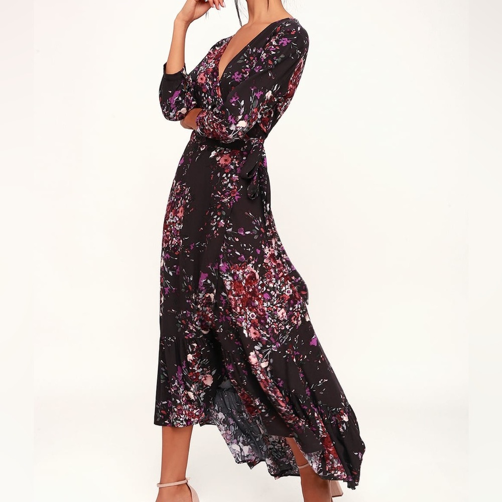 Lulu’s Lovestitch Visions of Beauty Purple Floral Wrap Dress Sz L